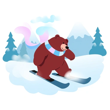 A bear with a thick coat of fur is skiing down a snowy mountain slope. The bear is wearing a colorful scarf that streams behind it as it glides over the snow. The mountain is covered in a fresh layer of snow, and pine trees are visible in the background. The scene is brightened by soft pastel colors in the sky, creating a pleasing gradient effect. The bear is focused on its path, with snow kicking up behind its skis.