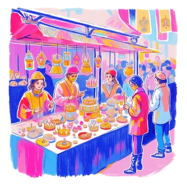 A bustling market stall is filled with various "replica crowns" made of colorful materials, including gold, silver, and jeweled accents. "Royal accessories" such as ornate necklaces, intricate earrings, and bejeweled scepters are displayed prominently. The stall is surrounded by vibrant fabrics draped over the tables, showcasing the items. Customers of different ages are interacting with the stall owner, examining the accessories closely. Bright banners with royal motifs flutter in the breeze above the stall, adding to the lively atmosphere of the market.