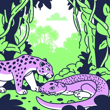 A jaguar with spotted fur is crouched low, its powerful body coiled in a tense posture. Its sharp eyes are focused on an anaconda that is coiling on the ground, ready to strike. The anaconda is thick and muscular, with its scales glistening, revealing a mix of textures across its body. Surrounding them, the dense jungle is filled with towering trees, broad leaves, and tangled vines, creating a shadowy atmosphere. Sunlight filters through the canopy, casting dappled light on the ground. In the background, the sounds of rustling leaves can be heard, adding to the suspense of the scene.