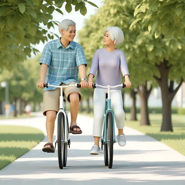 An elderly couple is riding bicycles along a tree-lined path. The man is wearing a blue plaid shirt, khaki shorts, and brown sandals. He has gray hair and is smiling warmly at the woman. The woman is dressed in a light purple blouse, white capri pants, and comfortable sneakers. She has short white hair and is also smiling, looking back at the man. The path is surrounded by vibrant green trees, with dappled sunlight filtering through the leaves, creating a warm and inviting atmosphere.