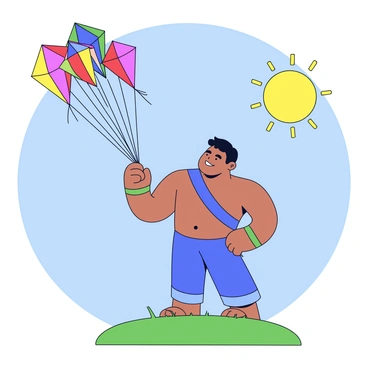 A titan with a strong build and defined muscles stands on a grassy hill, holding a long string attached to a cluster of colorful kites. The kites are vibrant, featuring various shapes such as diamonds and triangles, showcasing bright colors like red, blue, yellow, and green. The sun shines brightly in the clear blue sky, illuminating the kites as they flutter and soar high above the titan's head. The titan has a steady expression, watching the kites dance in the wind with a sense of joy.
