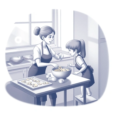 A grandmother and her grandchild are engaged in baking activities in a kitchen. The grandmother stands at a wooden table, mixing dough in a large bowl. She has gray hair tied back neatly and wears an apron. The grandchild, a young child, is standing on a stool, eagerly helping by pouring chocolate chips into the bowl. The kitchen is filled with various baking tools, including measuring cups and a rolling pin. Sunlight streams through a window, casting soft shadows and creating a warm atmosphere. There are cookie sheets with unbaked cookies ready for the oven placed nearby.