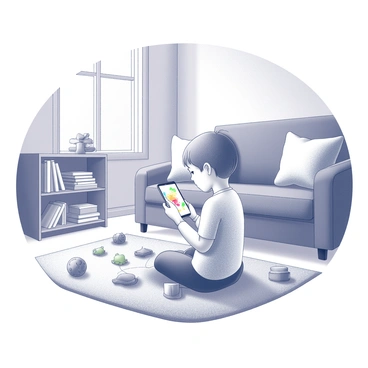 A child is seated on a soft rug in a living room. The child is focused on a smartphone, which is held with both hands. The screen displays a colorful interactive game. Around the child, there are various toys scattered on the floor, and a comfortable sofa is visible in the background. A bookshelf filled with books stands against the wall, and a window lets in natural light, illuminating the scene.
