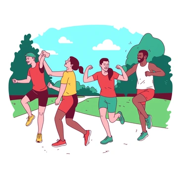 A group of five runners is warming up together in a park. They are stretching their legs and arms, displaying various poses like hamstring stretches and arm circles. Each runner is wearing colorful athletic gear, with some in red shirts and others in teal shorts. The runners are laughing and chatting while they prepare for the relay race. In the background, trees frame the scene, and a clear blue sky is visible overhead. One runner is playfully mock-flexing their muscles, bringing a smile to the faces of the others.