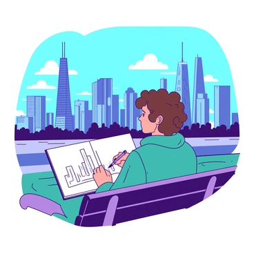 A traveler is sitting on a park bench, focused on sketching the skyline of a vibrant city. The traveler has curly brown hair and is wearing a teal jacket. In front of them, a large sketchbook is propped open, displaying the outlines of tall buildings. The skyline features skyscrapers with varied shapes and heights, all under a bright blue sky adorned with a few fluffy white clouds. The sun casts soft shadows from the buildings onto the ground, creating a sense of depth in the scene.