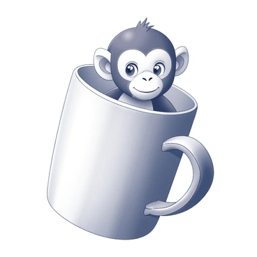 A tiny monkey with a playful expression is peeking out of an oversized coffee cup. The cup is large compared to the monkey, emphasizing its small size. The monkey has bright, curious eyes and its ears are perked up as it looks around. The cup has a simple design with a smooth surface and a large handle. The background is soft and unobtrusive, keeping the focus on the monkey and the cup.