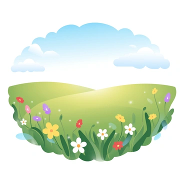 A wide prairie filled with vibrant wildflowers in shades of yellow, purple, and red, stretching across the landscape. The wildflowers are scattered throughout the green grass, creating a rich tapestry of colors. Above the prairie, a clear blue sky stretches infinitely, with a few soft white clouds drifting lazily. The sunlight bathes the scene in a warm glow, enhancing the colors of the flowers and the grass.
