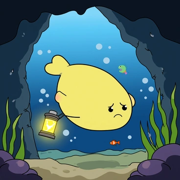 A cartoon-like blobfish with a round, plump body and a sad expression is swimming through a mysterious underwater cave. The cave features jagged rock formations and gently swaying seaweed in shades of green. The blobfish is holding a glowing lantern in its fin, illuminating the surrounding dark waters with a warm yellow light. Bubbles are rising around the blobfish as it explores, and small colorful fish can be seen darting in the distance. The overall scene captures a sense of adventure and curiosity in the underwater world.