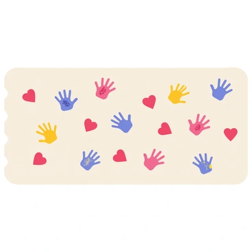 A rectangular mat designed with a light pastel background. The mat is decorated with an array of colorful handprints in various sizes, each displaying unique patterns. Scattered among the handprints are bright red and pink hearts of different shapes and sizes, symbolizing love. The edges of the mat are bordered with a simple, elegant design that complements the overall theme.
