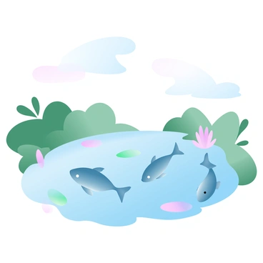 A still pond with clear water is depicted, showing fish swimming gracefully just beneath the water's surface. The water reflects the sky, with soft gradient pastel colors blending seamlessly above. Gentle ripples emanate from the movement of the fish, adding a subtle texture to the scene. Lush greenery surrounds the pond, enhancing the peaceful atmosphere. A few colorful lily pads float on the surface, completing the tranquil composition.