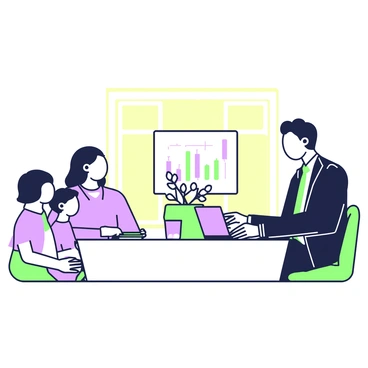 A financial advisor is sitting at a dining table presenting a wealth management strategy to a family during a dinner meeting. The advisor is wearing a dark suit and has a laptop open in front of him, displaying graphs and charts. The family consists of two adults and two children, attentively listening and looking at the screen. The table is set with plates and glasses, and there is a decorative centerpiece with flowers. In the background, a warm light illuminates the room, creating a welcoming atmosphere.
