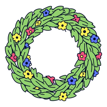 A circular festive wreath composed of intertwined green fennel fronds. The fronds are vibrant and lush, creating a dense texture. Interspersed among the fronds are small colorful flowers in shades of red, yellow, and blue, adding pops of color throughout the wreath. The arrangement is balanced and symmetrical, capturing the essence of a cheerful decoration.