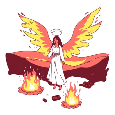 An angel with wings of fire stands peacefully in a glowing landscape. The angel is clad in flowing robes that appear to shimmer in the light. Surrounding the angel, there are flames that flicker gently, casting a warm glow across the ground. In the background, there are rolling hills that are softly illuminated by the light, creating a captivating scene of contrasting warmth and brightness. The angle of the wings is grand, showcasing the intricate details of the flame-like feathers.