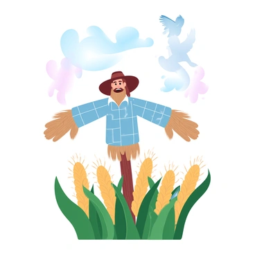 A scarecrow made of straw is standing tall among rows of golden corn. The scarecrow is wearing a tattered plaid shirt and a wide-brimmed hat, with its arms outstretched to ward off birds. In the sky above, several crows are flying, their wings spread wide as they glide through the air. The cornfield is lush and green, with some stalks swaying gently in the breeze. The background features a soft gradient of pastel colors, complementing the scene.