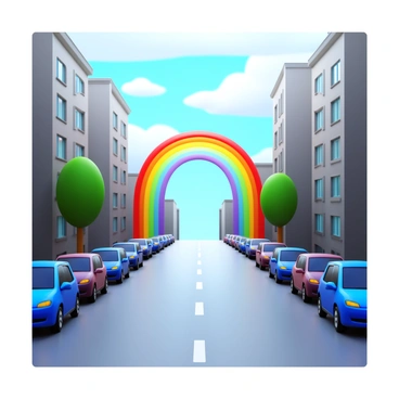 A city street with cars and a bright rainbow appearing after a storm