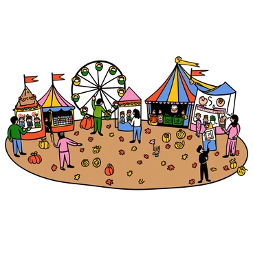 A colorful carnival set in a large open arena during the fall. The scene is filled with vibrant game booths featuring bright banners and lights. Various carnival rides are visible, including a Ferris wheel with multicolored lights and spinning teacups. People of different ages are playing games, winning stuffed animals, and enjoying treats like cotton candy and popcorn. The ground is covered with fallen leaves in shades of red, orange, and yellow, adding to the autumn atmosphere. In the background, there are pumpkins and hay bales arranged for decoration.