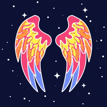 A pair of large, glowing wings with intricate patterns resembling cosmic fire. The wings display vibrant colors of orange, red, and blue, creating a dynamic effect. The background features a dark starry sky filled with numerous bright stars, enhancing the ethereal appearance of the wings.