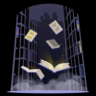 A shadowy library with tall, dark wooden shelves filled with various books. Several books are flying off the shelves, their pages flapping as if caught in a breeze. Mist swirls around the floor, adding to the mysterious atmosphere. In the background, shadowy silhouettes of figures can be seen, with whispers emanating from them, creating an eerie auditory effect. Some of the books are open mid-air, revealing glowing text on their pages.