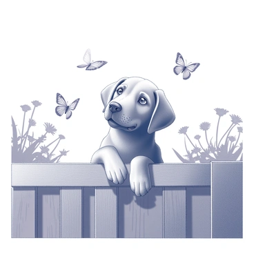 A curious Labrador with a shiny coat is peeking over a wooden garden fence. The dog's ears are perked up in interest as it gazes intently at several butterflies fluttering in the air nearby. The garden is filled with various plants and flowers, providing a natural setting for the scene. The dog's eyes are wide with curiosity, and its nose is slightly lifted, capturing the scents of the garden.