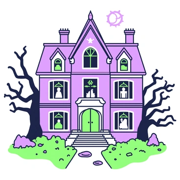 A large haunted mansion stands ominously against the night sky. The mansion features multiple stories, with a steep roof and intricate architectural details. Shadowy figures are visible peering through the windows, their outlines barely defined. The windows of the mansion are tall and narrow with darkened glass, reflecting the dim light from the moon. Surrounding the mansion, there are twisted trees with gnarled branches reaching towards the structure, enhancing the eerie atmosphere. The front yard is overgrown with weeds and scattered stones, leading up to a grand but decaying entrance door.