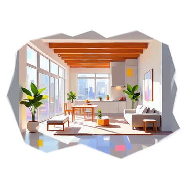 An open-concept urban loft featuring a spacious floor plan, highlighted by large floor-to-ceiling windows that let in ample natural light. The walls are minimal, creating a seamless flow between the living area, dining space, and kitchen. The wooden beams on the ceiling add a rustic charm, while sleek, modern furnishings in neutral tones are scattered throughout. A comfortable sofa faces a coffee table, and a dining table is positioned near the kitchen area, inviting gatherings. Potted plants are placed strategically to bring a touch of greenery into the urban environment.