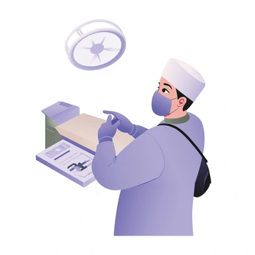 A doctor is in a bright surgical room, preparing for an operation. The doctor is wearing a blue surgical gown and a white cap. They are putting on a pair of blue examination gloves, ensuring a snug fit. The doctor has a focused expression as they secure a blue surgical mask over their face. Behind them, there is a large surgical light above, illuminating the room. Various surgical instruments are neatly arranged on a sterile tray to the side, while a stainless steel operating table is in the center, ready for the procedure.