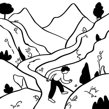 Gollum walking on a narrow path that winds through rocky mountain terrain. The path is surrounded by steep cliffs on either side. Jagged rocks jut out from the mountains, creating a rugged landscape. A few sparse trees cling to the sides of the mountains, and patches of grass grow between the stones. The atmosphere is tense and foreboding, with shadows cast by the towering peaks overhead. Gollum is depicted in a crouched position, moving cautiously along the path.