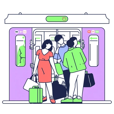 A subway train is filled with people standing closely together, their expressions showing visible discomfort. Some individuals are holding onto the overhead straps while others lean against the poles. A man in a blue shirt is pressing against a woman in a red dress, who is looking down at her phone while trying to keep her balance. A person in a green jacket is standing close to the entrance, anxiously looking at the crowded platform. Various bags, backpacks, and briefcases are wedged between the passengers, further emphasizing the tight space. The train's interior is metallic, with the typical advertising posters visible above the heads of the commuters.