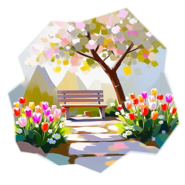 A tranquil garden is filled with a variety of blooming flowers in vivid colors, including roses, daisies, and tulips. The flowers are arranged in neat clusters throughout the garden. Lush green foliage surrounds the flowers, providing a rich contrast. Soft light filters through the leaves of nearby trees, casting gentle shadows on the ground. A stone path weaves through the garden, inviting visitors to explore. In the background, a small wooden bench is positioned beneath a flowering tree, creating a peaceful resting spot.