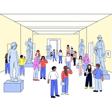 A gallery filled with classic sculptures made of marble and stone. Each sculpture depicts different figures, including a graceful figure of a dancer and a powerful statue of a warrior. There are visitors scattered throughout the gallery, observing the sculptures with interest. Some visitors are standing close to the sculptures, while others are taking photos from a distance. The walls of the gallery are painted in a soft cream color, enhancing the elegance of the artwork. Natural light filters in through large windows, illuminating the intricate details of the sculptures.