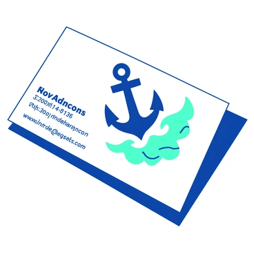 A white business card with a bold blue anchor design prominently displayed in the center. Surrounding the anchor, there are stylized teal waves that create a dynamic border around the edges of the card. The name and contact details are printed in a clean, modern font at the bottom of the card, with the text in blue for visibility against the white background. The overall composition conveys a strong nautical theme while maintaining a professional appearance.