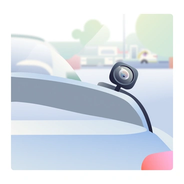 A rear-view camera is mounted on the trunk of a silver car. The camera is black with a glossy finish, positioned near the center of the trunk. Surrounding the camera, there are subtle reflections from the car's paint. The trunk is slightly lifted, revealing the sleek lines and contours of the car’s body. In the background, a blurred scene of a parking lot is visible, with various cars and trees softly out of focus. The light is soft, highlighting the details of the camera and the trunk area.