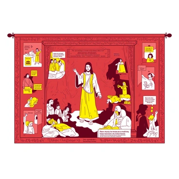 A large tapestry is displayed, featuring intricate scenes that depict the story of a martyr's sacrifice. The tapestry is composed of two distinct colors, with a rich red background contrasting with detailed figures in a soft yellow. In the foreground, a central figure of the martyr stands resolute, with a serene expression, surrounded by a crowd of onlookers. The onlookers exhibit a range of emotions, from sorrow to awe. Surrounding the central scene are smaller vignettes illustrating moments of the martyr's life, including acts of kindness and moments of faith. The tapestry is bordered with ornate patterns, enhancing the narrative and drawing the viewer's eye towards the martyr at the center.