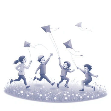 A group of children is running joyfully in a meadow. They are flying kites high in the sky, with some kites shaped like traditional diamonds and others resembling animals. The children are wearing casual clothing, with one child wearing a bright hat, while another has a scarf fluttering in the wind. The meadow is filled with various types of flowers, creating a bustling scene of blooms below the kites. The flowers are in full bloom, featuring a variety of shapes and sizes, creating a visually rich ground. The children's laughter can almost be felt as they enjoy their time in this lively setting.