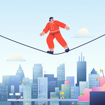 A tightrope walker balancing above a bustling cityscape with skyscrapers in the background