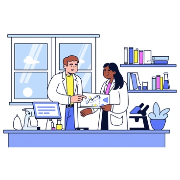 In a modern laboratory, two scientists are collaborating on a joint research project. One scientist is wearing a white lab coat and has short brown hair, while the other scientist, with long black hair, is also dressed in a white lab coat. They are standing next to a table filled with various scientific equipment, including microscopes, test tubes, and a laptop displaying data. A large window allows natural light to illuminate the space, and shelves in the background are stocked with books and lab materials. They are engaged in discussion, pointing at a chart on the table.