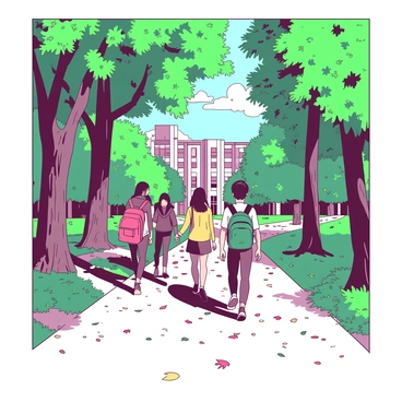 A group of students is walking along a tree-lined pathway on a university campus in Grenoble. The pathway is covered in fallen leaves, creating a natural carpet of colors underfoot. The students are dressed in casual clothing, and some are carrying backpacks while engaging in conversation. Tall trees with vibrant green leaves arch over the pathway, casting dappled sunlight onto the ground. In the background, there are modern university buildings visible through the foliage, adding to the campus atmosphere.
