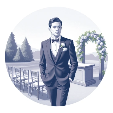 A groom wearing a white bow tie at an outdoor wedding ceremony