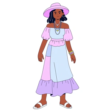 A free-spirited fashion illustration with flowing fabrics and layered accessories