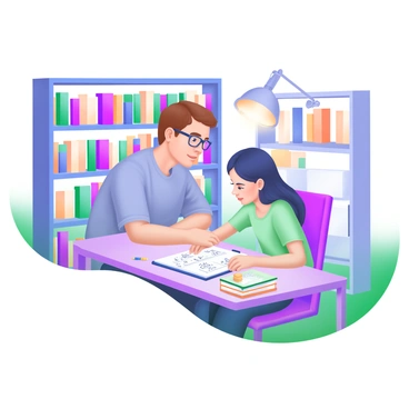 A male teacher with short brown hair and glasses sitting at a small wooden table in a quiet corner of the library. He is leaning slightly forward, displaying a supportive expression as he assists a student with homework. The student, a girl with long black hair, is focused on her notebook filled with math equations. Surrounding them are tall bookshelves filled with colorful books, and a warm glow from a nearby table lamp illuminates their workspace. On the table, there is a stack of textbooks and a couple of pencils scattered around.