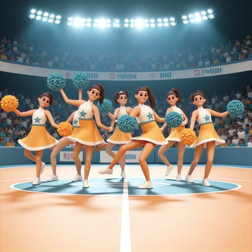 A group of six NBA cheerleaders, all wearing matching orange and blue uniforms with stars on them, performing a synchronized dance on the basketball court during a game break. Each cheerleader has their hair styled in high ponytails, adorned with pom-poms in their hands. The background shows a packed stadium with fans cheering and holding banners. The cheerleaders are positioned in a dynamic formation, showcasing their choreography with energetic movements, smiles on their faces, and synchronized footwork. Bright arena lights shine down on them, illuminating the vibrant colors of their outfits.