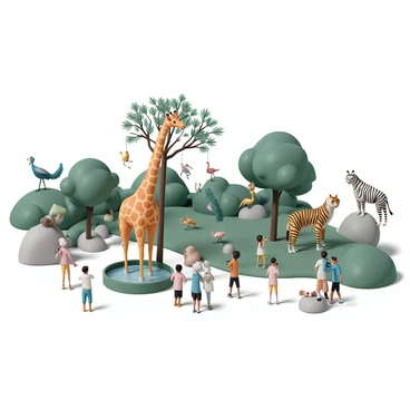 A realistic 3D scene depicting various animals in their natural habitats within a Brussels zoo. In the foreground, a tall giraffe with a long neck is reaching for leaves on a tree. Nearby, a group of playful monkeys swings from branch to branch in a lush, green enclosure. On the left side, a large, vibrant peacock displays its colorful feathers, while a few flamingos stand gracefully by a small pond. In the background, a sleek tiger lounges on a rock, its orange and black stripes contrasting with the greenery. Various visitors are seen observing the animals, taking pictures, and enjoying the vibrant atmosphere of the zoo.