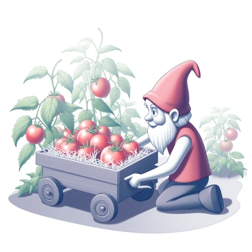 A garden gnome with a pointed hat, wearing a red vest and blue pants, is kneeling beside a patch of vibrant tomato plants. The gnome is carefully picking ripe tomatoes, placing them into a small wooden cart filled with straw. The cart has two sturdy wheels and a curved handle, and is positioned close to the gnome. Surrounding the scene are lush green leaves and vines of the tomato plants, some tomatoes still dangling on the branches. Sunlight filters through the foliage, casting gentle shadows on the ground.