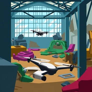 A pair of drones flying through a derelict factory filled with tangled metal beams and rusty, dusty machinery. The interior of the factory shows large windows with broken glass letting in beams of light that illuminate the dust particles in the air. The drones are sleek and modern, contrasting sharply with the worn and crumbling environment around them. Various pieces of machinery lie scattered, with some having visible cobwebs. The atmosphere is filled with a sense of abandonment, and the drones navigate through the maze of dilapidated infrastructure.
