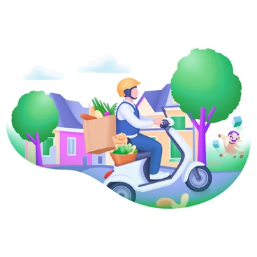 A delivery person on an electric scooter carrying a bag full of groceries through a neighborhood