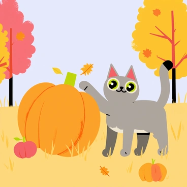 A curious gray cat with bright green eyes is playing with a large orange pumpkin in an autumn field. The field is filled with tall yellow and brown grass, and several smaller pumpkins are scattered around. The cat is batting at the pumpkin, its paw raised mid-air, while its tail is flicked playfully behind it. In the background, trees with colorful orange and red leaves create a seasonal atmosphere, and a few fallen leaves are scattered on the ground. The sky is a clear blue, adding a vibrant contrast to the warm colors of the scene.