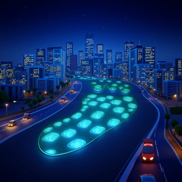A city skyline at night filled with illuminated buildings. Bright lights are creating the shape of a giant digital footprint across the landscape. The lights glow in various colors, including blue, green, and yellow, highlighting the contours of the footprint. The streets below are bustling with vehicles and pedestrians, adding to the vibrant atmosphere of the city. The night sky is clear, allowing stars to twinkle above the urban scene.