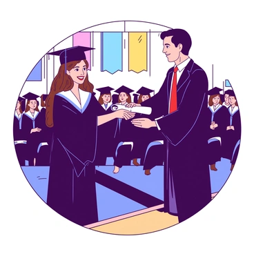A girl with long brown hair is standing on a stage wearing a black graduation gown and a blue cap. She is smiling brightly as she receives her diploma from a principal, who is wearing a formal suit and a red tie. The principal is handing over the diploma with both hands, and the girl is reaching out to accept it. In the background, there are rows of seated graduates in black gowns, and colorful banners are hanging on the walls of the auditorium. The atmosphere is filled with excitement and pride as the ceremony unfolds.