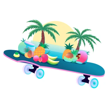 A skateboard with a sleek, modern shape and a vibrant design. The surface is adorned with an array of tropical fruits, including pineapples, bananas, and coconuts, all in bold colors. Interspersed among the fruits are stylized palm trees, their fronds swaying gracefully. The background features a gradient that transitions from sunny yellow at the top to a deep ocean blue at the bottom, creating a bright and energetic atmosphere. The wheels of the skateboard are translucent and sparkling, adding to the lively aesthetic.