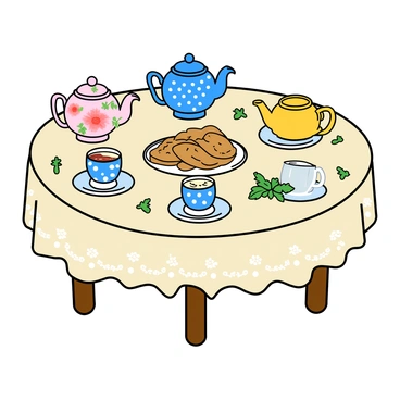 A table set for afternoon tea with a variety of teapots, cups, and scones